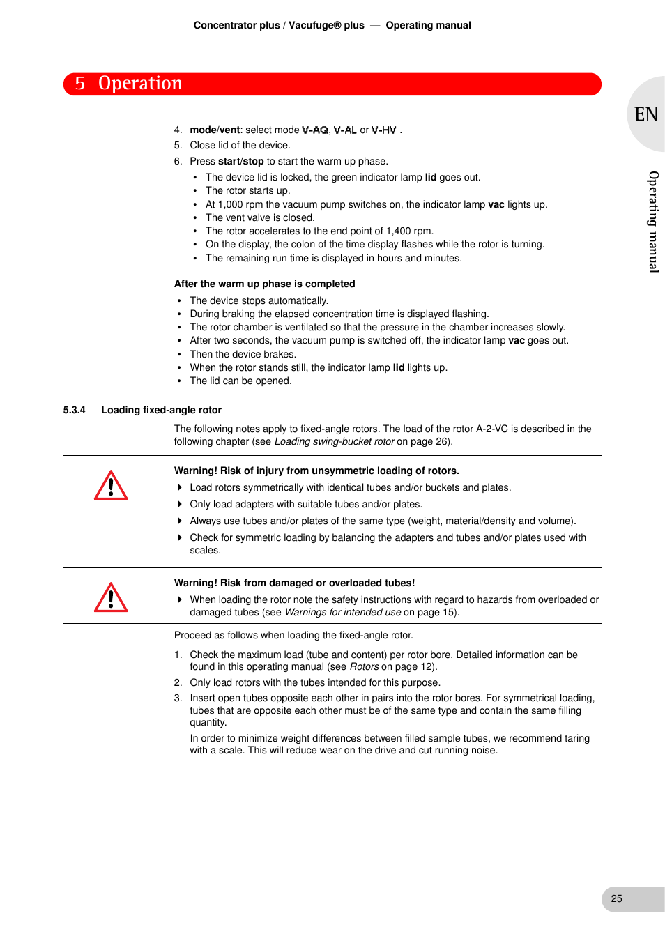 4 loading fixed-angle rotor, Loading fixed-angle rotor, 5 operation | Operat ing manual | Eppendorf Concentrator plus User Manual | Page 23 / 43