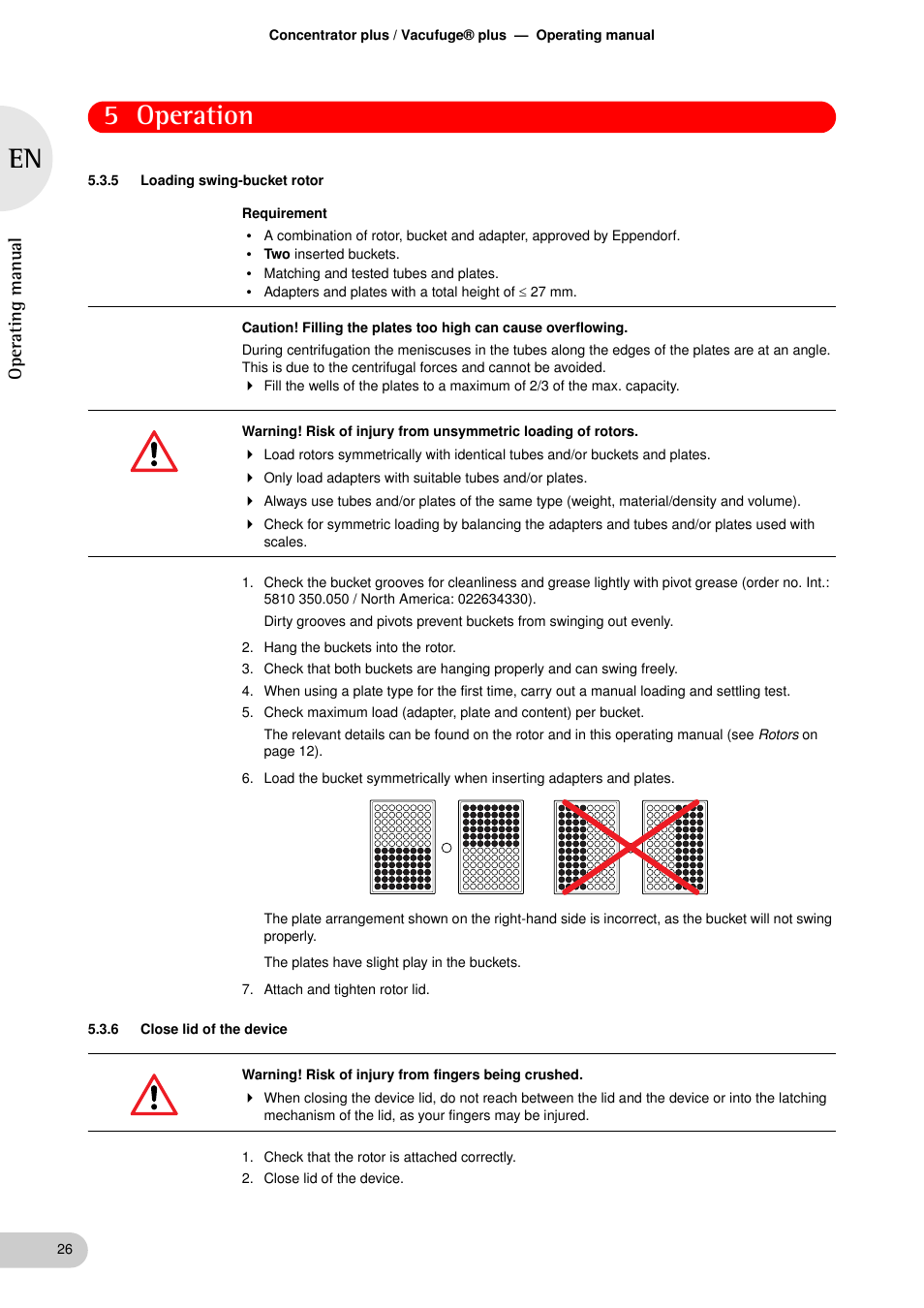 5 loading swing-bucket rotor, 6 close lid of the device, Loading swing-bucket rotor | Close lid of the device, 5 operation, Oper at ing man ual | Eppendorf Concentrator plus User Manual | Page 24 / 43