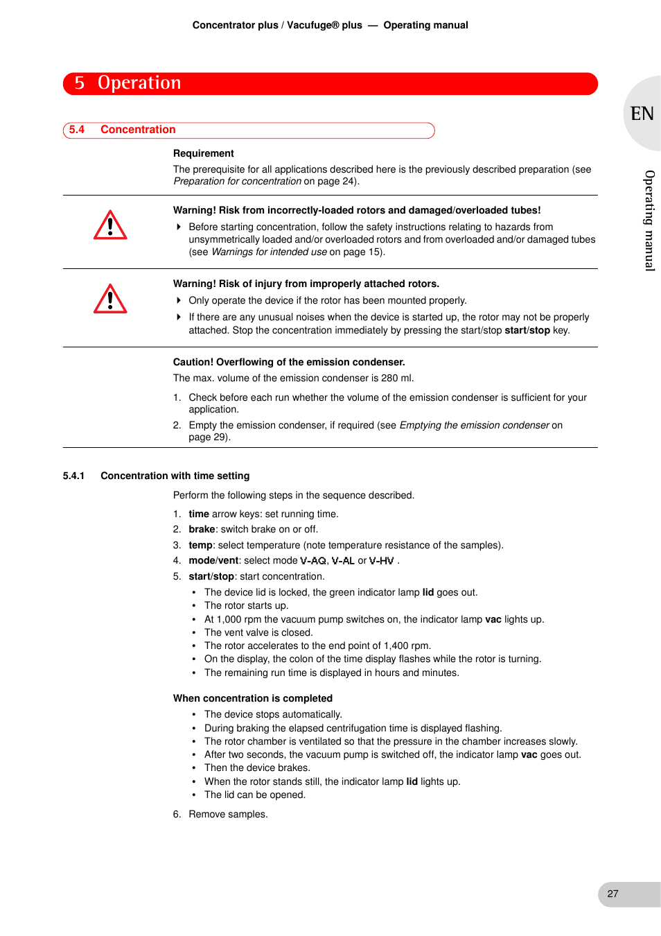 4 concentration, 1 concentration with time setting, Concentration 5.4.1 | Concentration with time setting, 5 operation, Operat ing manual | Eppendorf Concentrator plus User Manual | Page 25 / 43