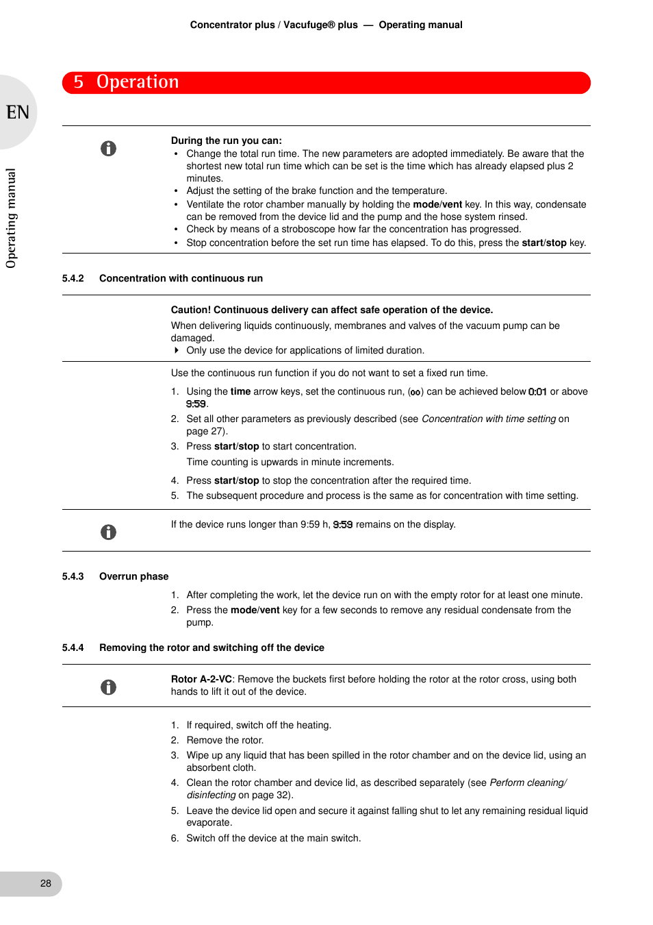 2 concentration with continuous run, 3 overrun phase, 4 removing the rotor and switching off the device | Concentration with continuous run, Overrun phase, Removing the rotor and switching off the device, 5 operation, Oper at ing man ual | Eppendorf Concentrator plus User Manual | Page 26 / 43