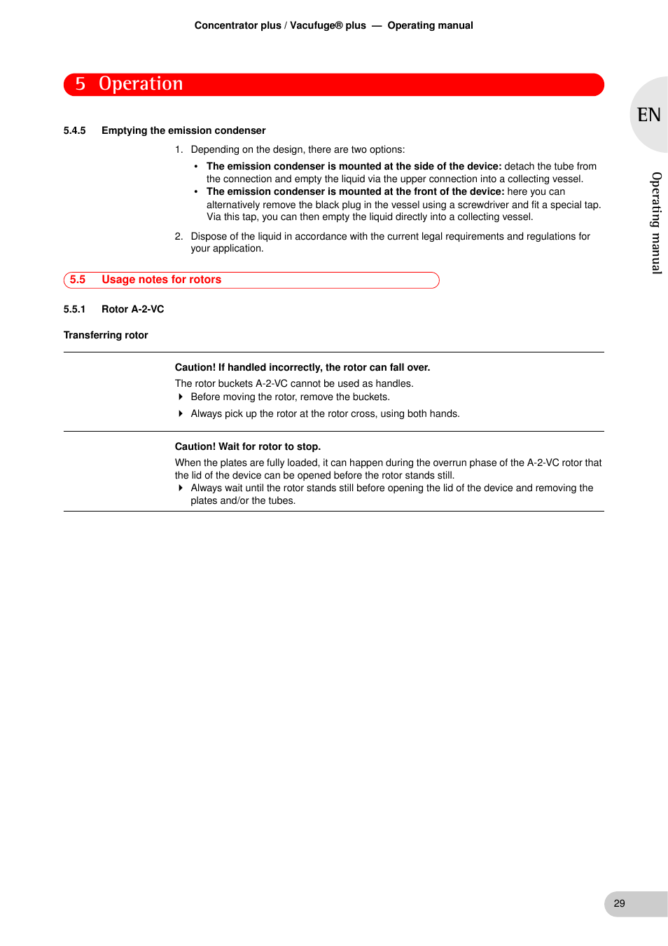 5 emptying the emission condenser, 5 usage notes for rotors, 1 rotor a-2-vc | Emptying the emission condenser, Usage notes for rotors 5.5.1, Rotor a-2-vc, Ired (see emptying the emission condenser on, 5 operation, Operat ing manual | Eppendorf Concentrator plus User Manual | Page 27 / 43