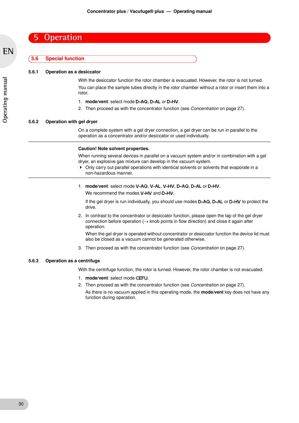 6 special function, 1 operation as a desiccator, 2 operation with gel dryer | 3 operation as a centrifuge, Special function 5.6.1, Operation as a desiccator, Operation with gel dryer, Operation as a centrifuge, 5 operation, Oper at ing man ual | Eppendorf Concentrator plus User Manual | Page 28 / 43