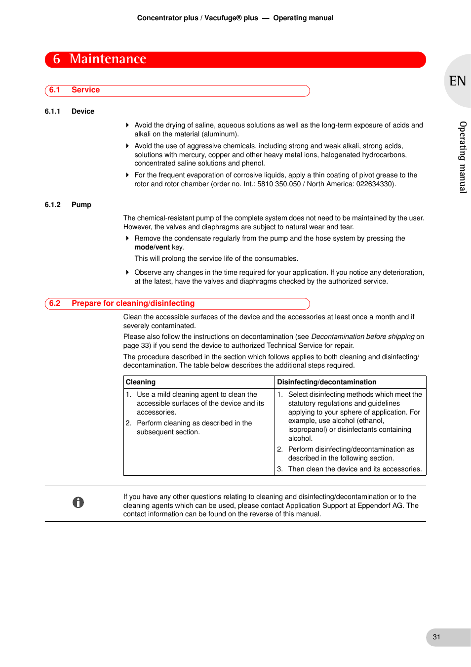 Maintenance, 1 service, 1 device | 2 pump, 2 prepare for cleaning/disinfecting, Maintenance 6.1, Service 6.1.1, Device, Pump, Prepare for cleaning/disinfecting | Eppendorf Concentrator plus User Manual | Page 29 / 43