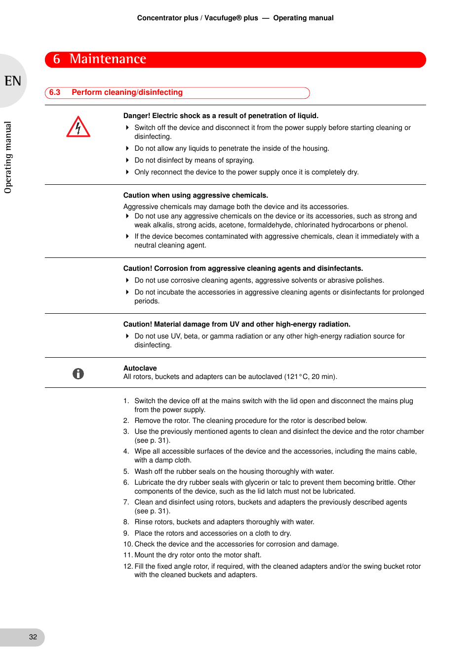 3 perform cleaning/disinfecting, Perform cleaning/disinfecting, See perform cleaning | 6 maintenance, Oper at ing man ual | Eppendorf Concentrator plus User Manual | Page 30 / 43