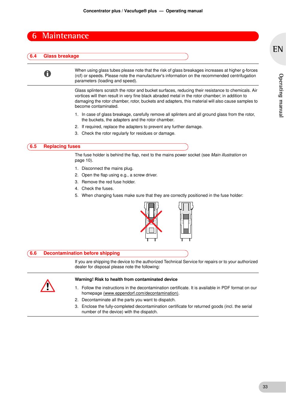 4 glass breakage, 5 replacing fuses, 6 decontamination before shipping | Glass breakage, Replacing fuses, Decontamination before shipping, 6 maintenance, Operat ing manual | Eppendorf Concentrator plus User Manual | Page 31 / 43