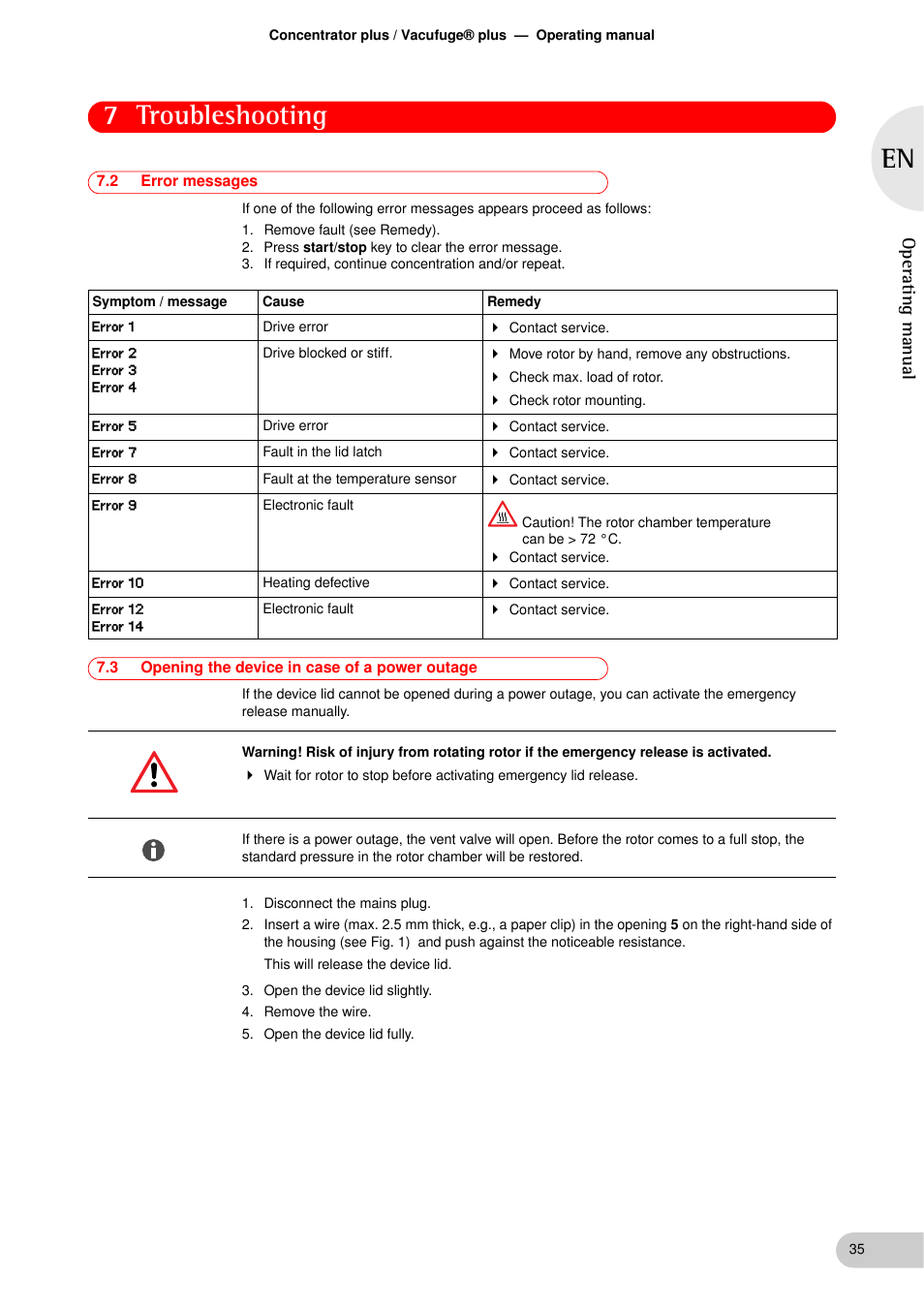 2 error messages, 3 opening the device in case of a power outage, Error messages | Opening the device in case of a power outage, Ase . (see p. 35), 7 troubleshooting, Operat ing manual | Eppendorf Concentrator plus User Manual | Page 33 / 43