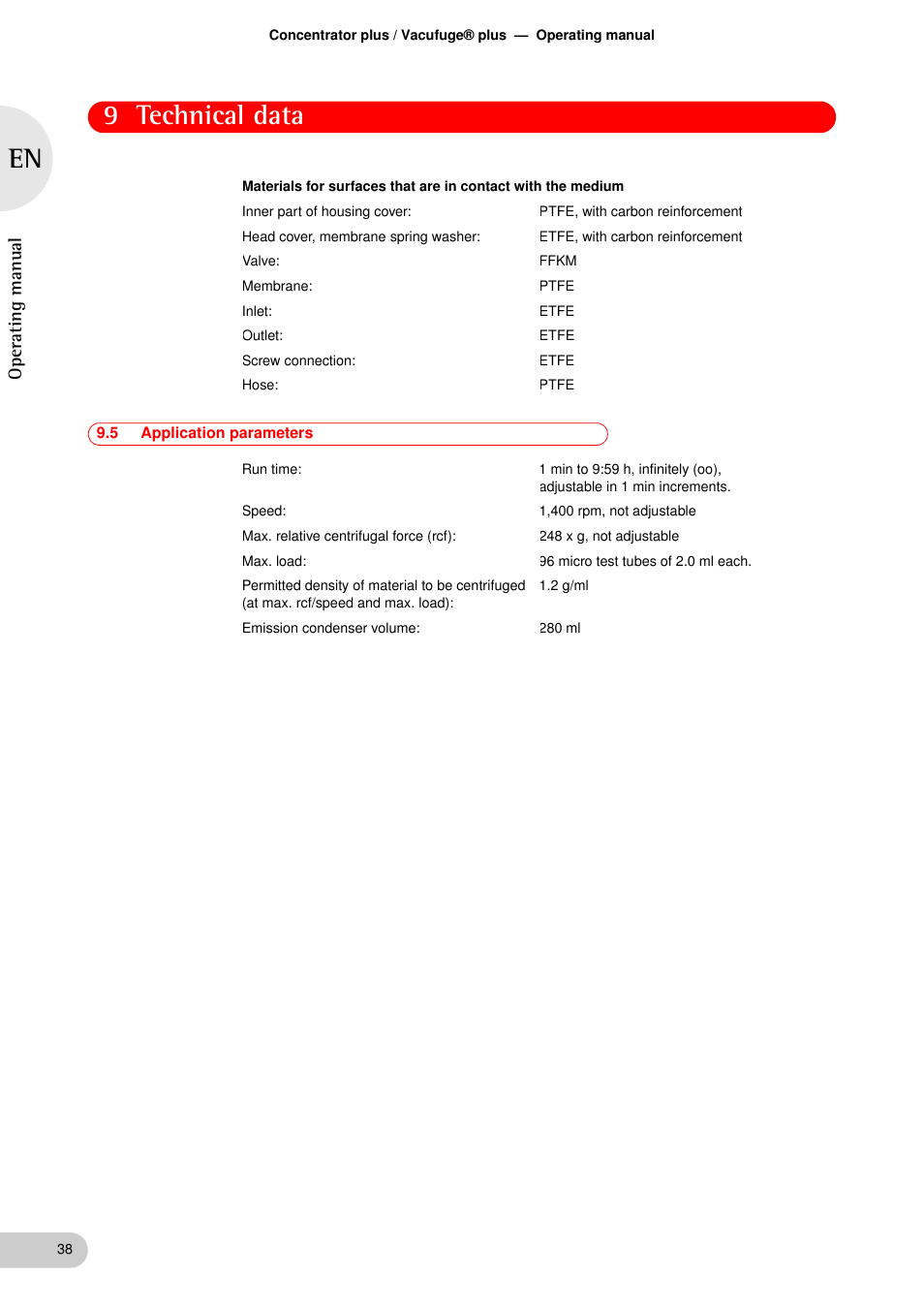 5 application parameters, Application parameters, 9 technical data | Oper at ing man ual | Eppendorf Concentrator plus User Manual | Page 36 / 43