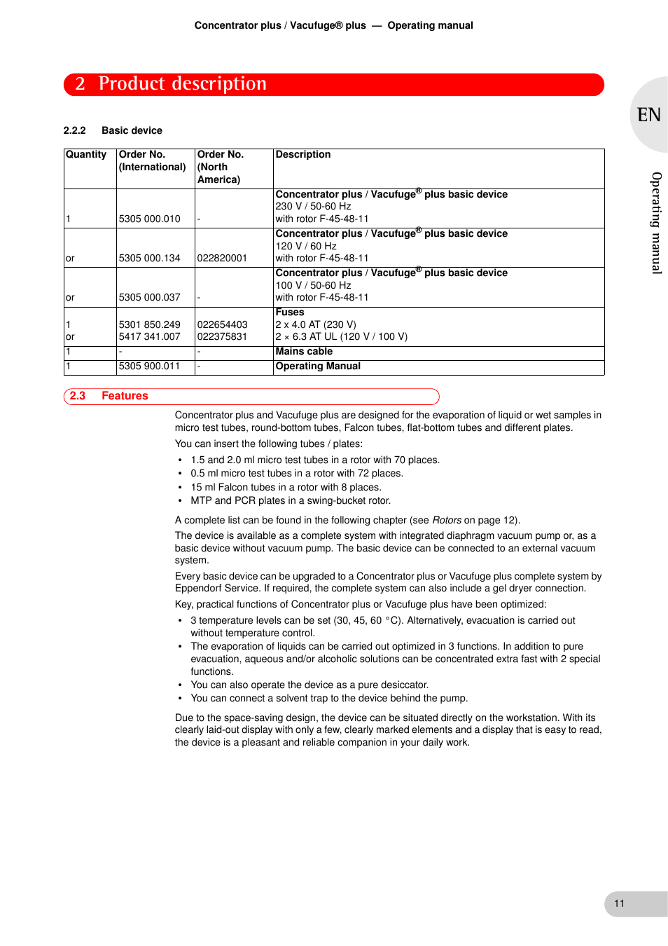 2 basic device, 3 features, Basic device | Features, 2 product description, Operat ing manual | Eppendorf Concentrator plus User Manual | Page 9 / 43