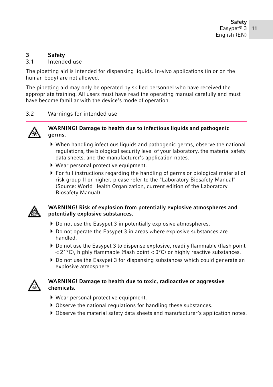 3 safety, 1 intended use, 2 warnings for intended use | Safety 3.1, Intended use, Warnings for intended use | Eppendorf Easypet 3 User Manual | Page 11 / 38