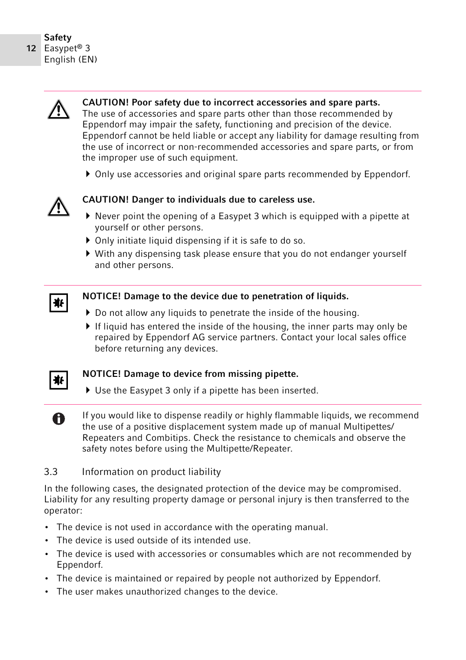 3 information on product liability, Information on product liability | Eppendorf Easypet 3 User Manual | Page 12 / 38