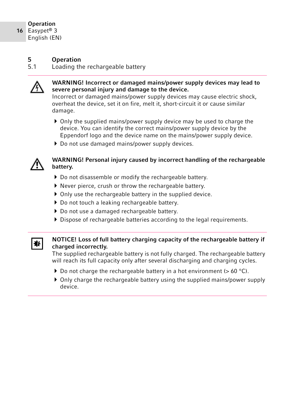 5 operation, 1 loading the rechargeable battery, Operation 5.1 | Loading the rechargeable battery | Eppendorf Easypet 3 User Manual | Page 16 / 38