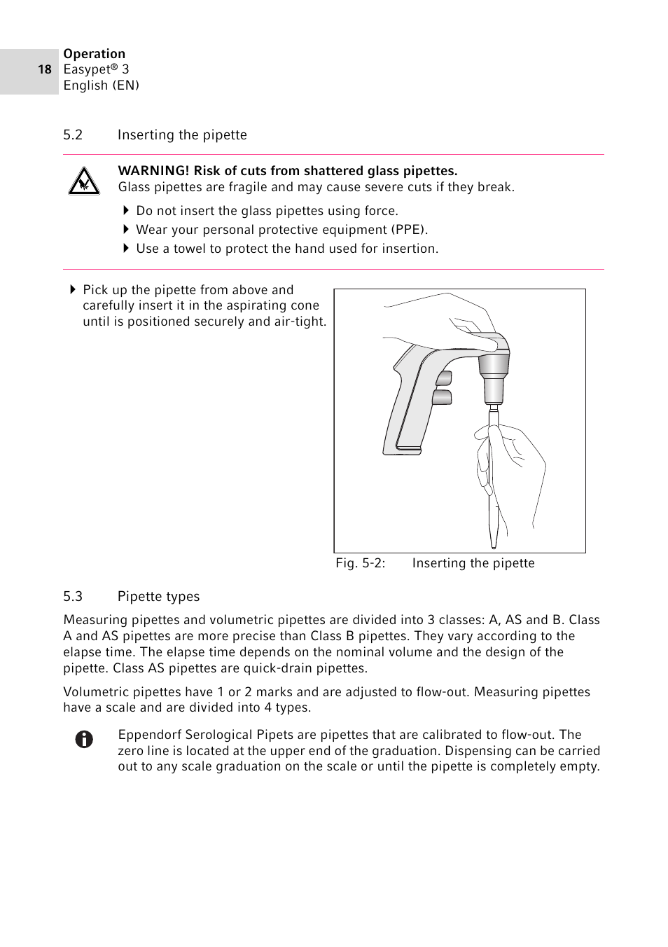 2 inserting the pipette, 3 pipette types, Inserting the pipette | Pipette types | Eppendorf Easypet 3 User Manual | Page 18 / 38