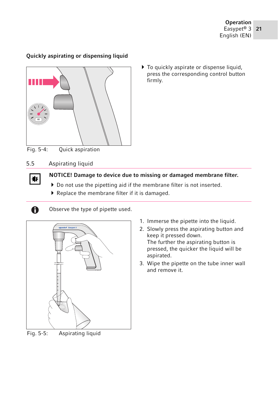 5 aspirating liquid, Aspirating liquid | Eppendorf Easypet 3 User Manual | Page 21 / 38