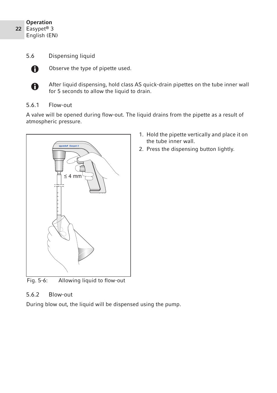 6 dispensing liquid, 1 flow-out, 2 blow-out | Dispensing liquid 5.6.1, Flow-out, Blow-out | Eppendorf Easypet 3 User Manual | Page 22 / 38