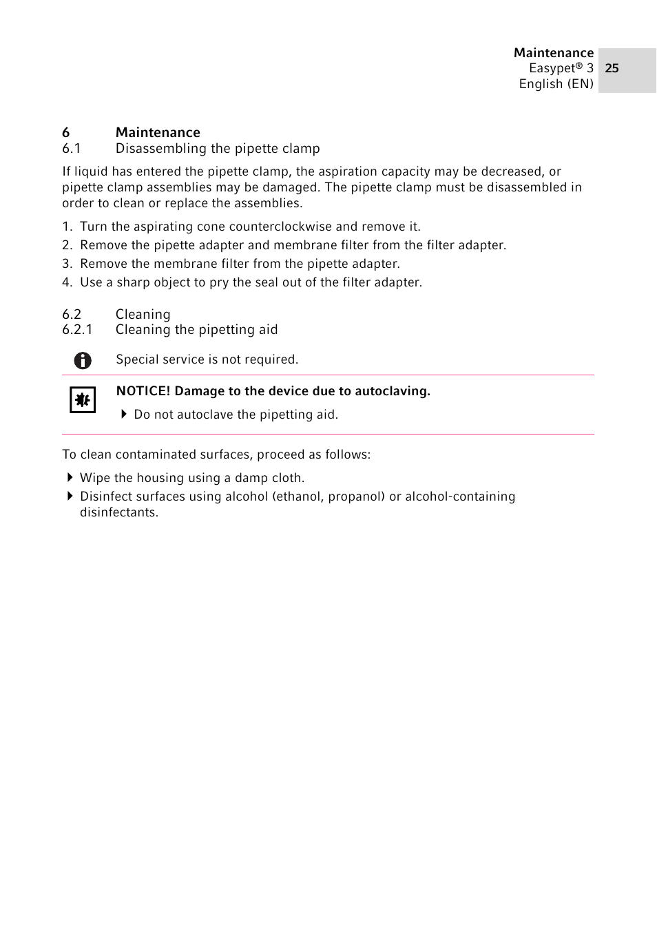 6 maintenance, 1 disassembling the pipette clamp, 2 cleaning | 1 cleaning the pipetting aid, Maintenance 6.1, Disassembling the pipette clamp, Cleaning 6.2.1, Cleaning the pipetting aid | Eppendorf Easypet 3 User Manual | Page 25 / 38