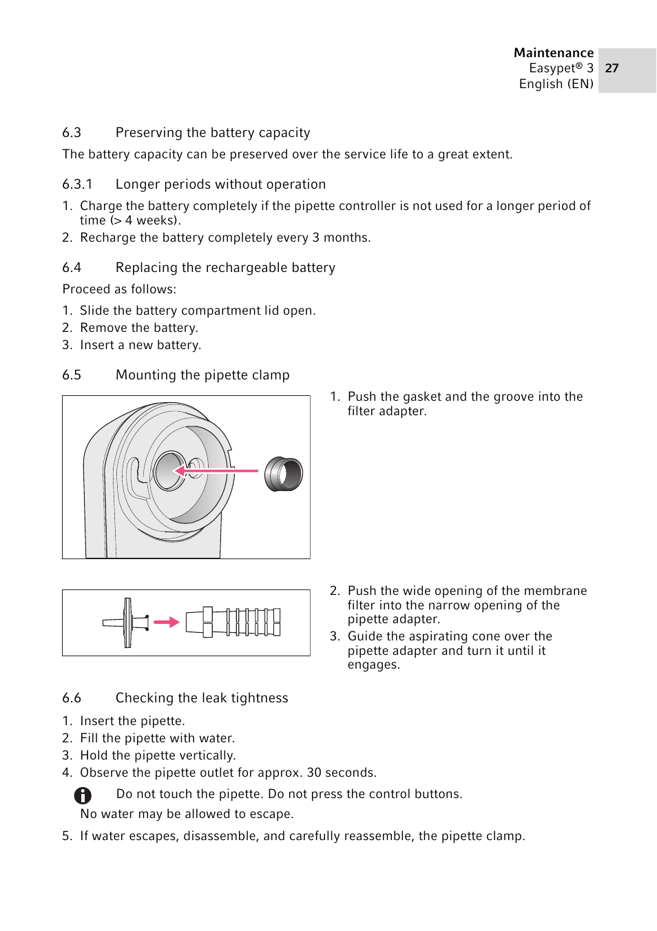 3 preserving the battery capacity, 1 longer periods without operation, 4 replacing the rechargeable battery | 5 mounting the pipette clamp, 6 checking the leak tightness, Preserving the battery capacity 6.3.1, Longer periods without operation, Replacing the rechargeable battery, Mounting the pipette clamp, Checking the leak tightness | Eppendorf Easypet 3 User Manual | Page 27 / 38
