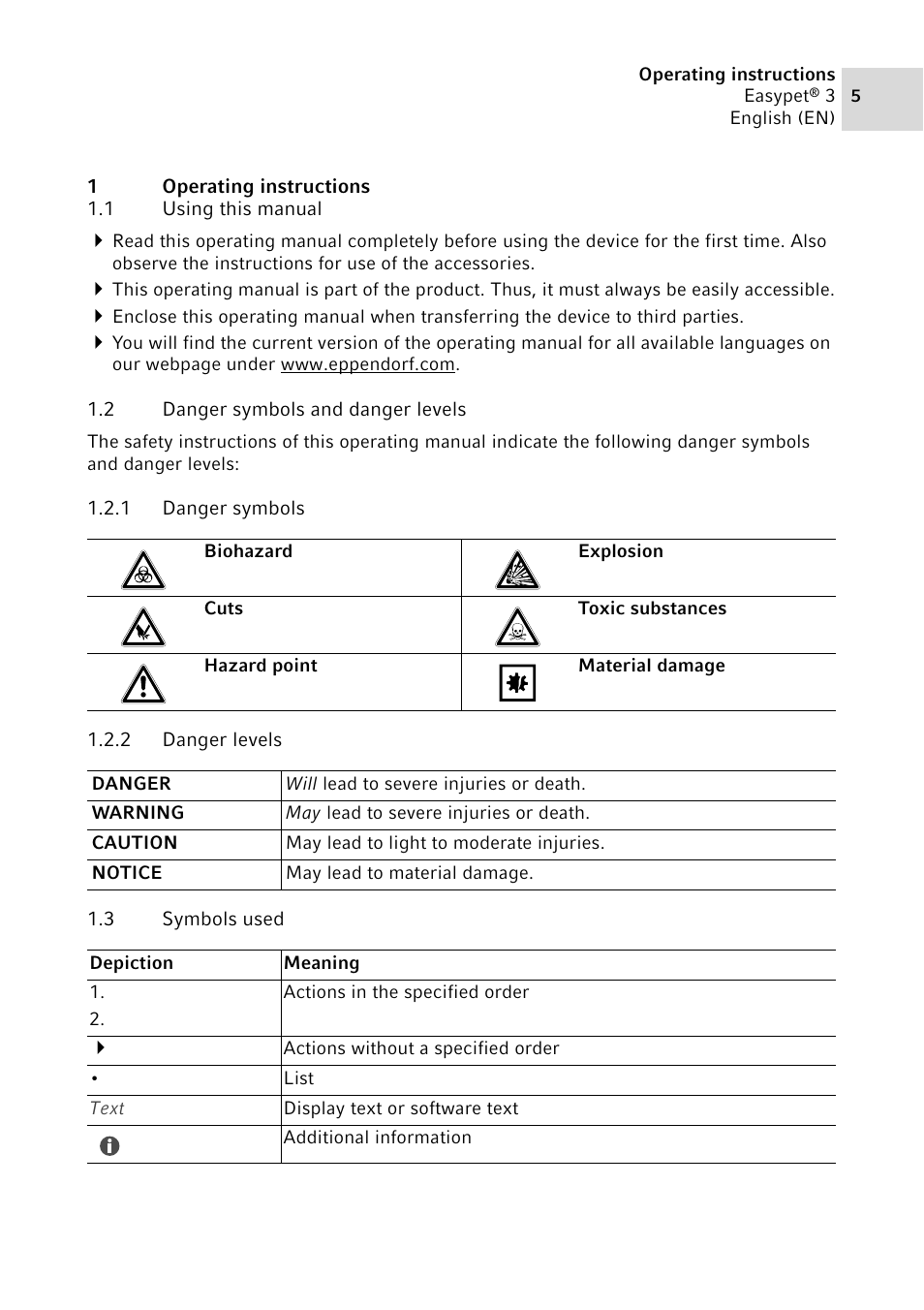 1 operating instructions, 1 using this manual, 2 danger symbols and danger levels | 1 danger symbols, 2 danger levels, 3 symbols used, Operating instructions 1.1, Using this manual, Danger symbols and danger levels 1.2.1, Danger symbols | Eppendorf Easypet 3 User Manual | Page 5 / 38