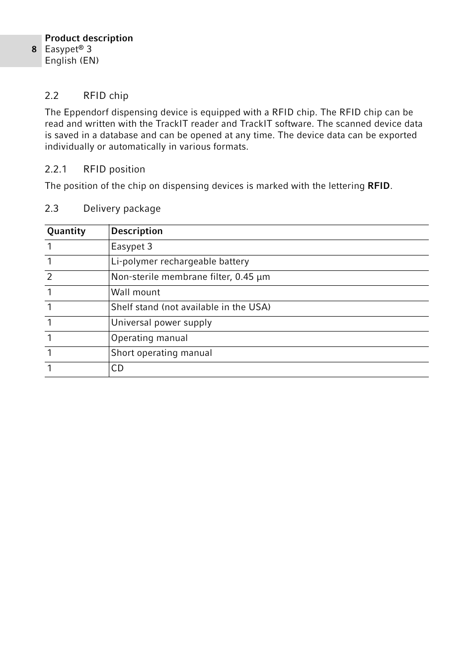 2 rfid chip, 1 rfid position, 3 delivery package | Rfid chip 2.2.1, Rfid position, Delivery package | Eppendorf Easypet 3 User Manual | Page 8 / 38