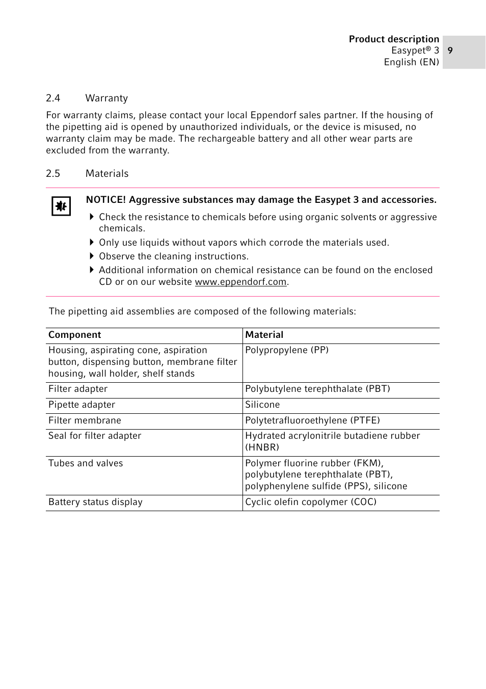 4 warranty, 5 materials, Warranty | Materials | Eppendorf Easypet 3 User Manual | Page 9 / 38