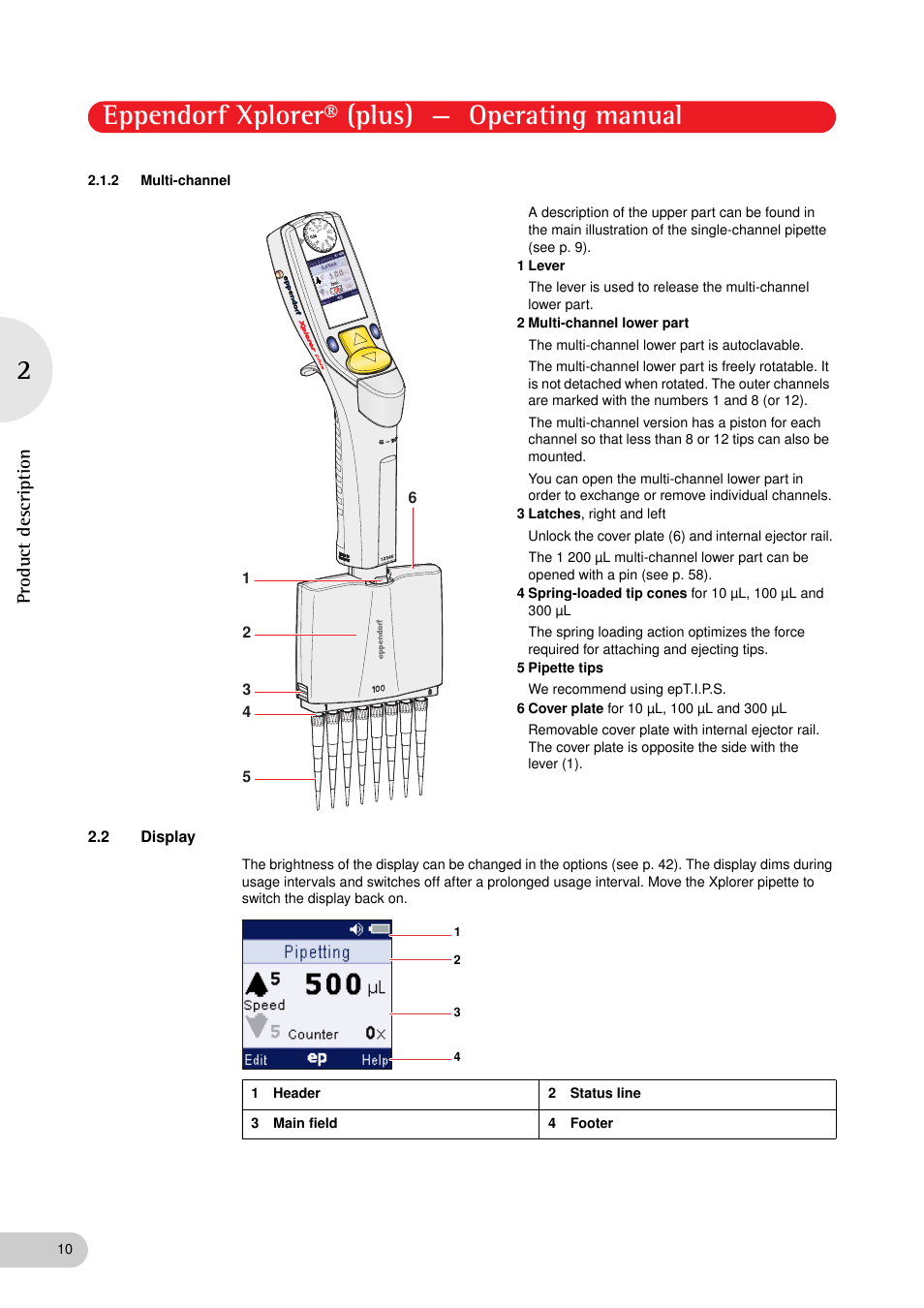 2 multi-channel, 2 display, Multi-channel | Display, Eppendorf xplorer® (plus) — operating manual | Eppendorf XplorerPlus User Manual | Page 10 / 74