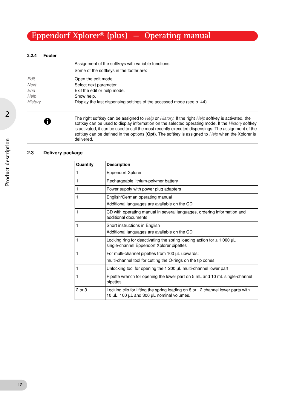 4 footer, 3 delivery package, Footer | Delivery package, Eppendorf xplorer® (plus) — operating manual, Product description | Eppendorf XplorerPlus User Manual | Page 12 / 74