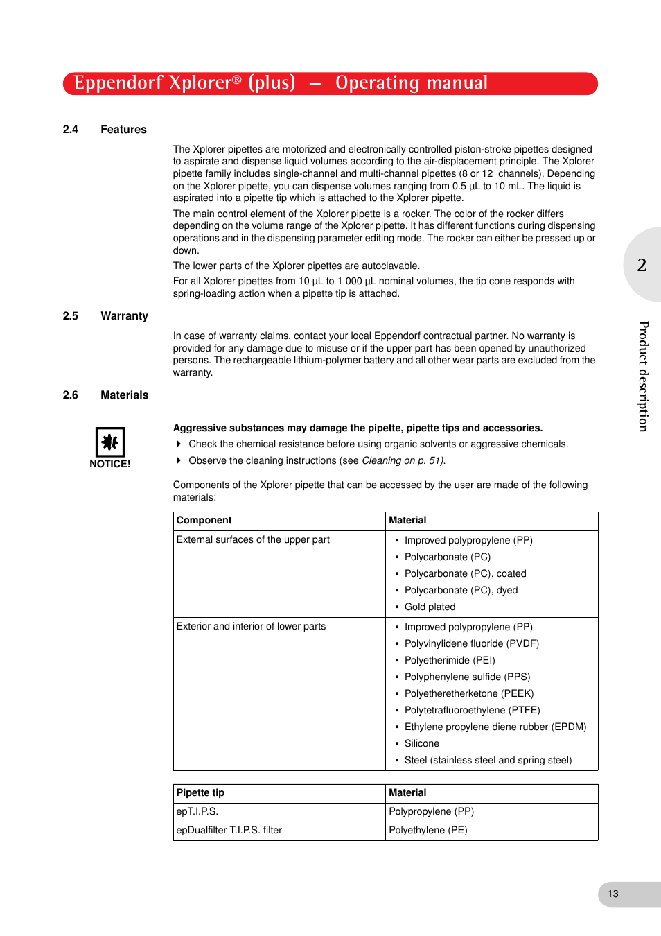 4 features, 5 warranty, 6 materials | Features, Warranty, Materials, Eppendorf xplorer® (plus) — operating manual | Eppendorf XplorerPlus User Manual | Page 13 / 74