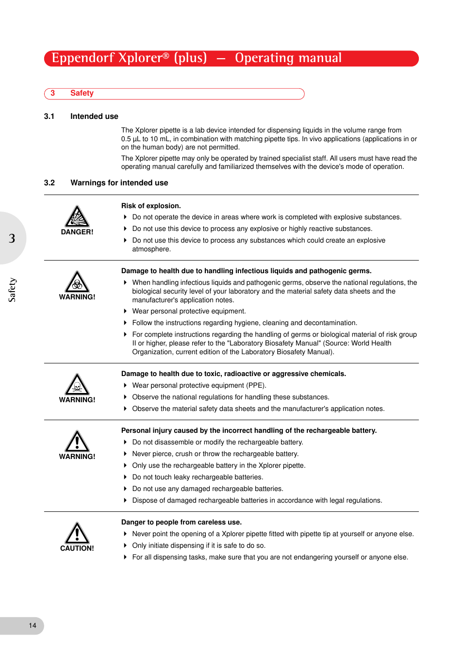 3 safety, 1 intended use, 2 warnings for intended use | Safety 3.1, Intended use, Warnings for intended use, Eppendorf xplorer® (plus) — operating manual, Safety | Eppendorf XplorerPlus User Manual | Page 14 / 74