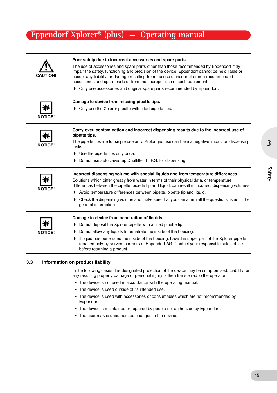 3 information on product liability, Information on product liability, Eppendorf xplorer® (plus) — operating manual | Eppendorf XplorerPlus User Manual | Page 15 / 74