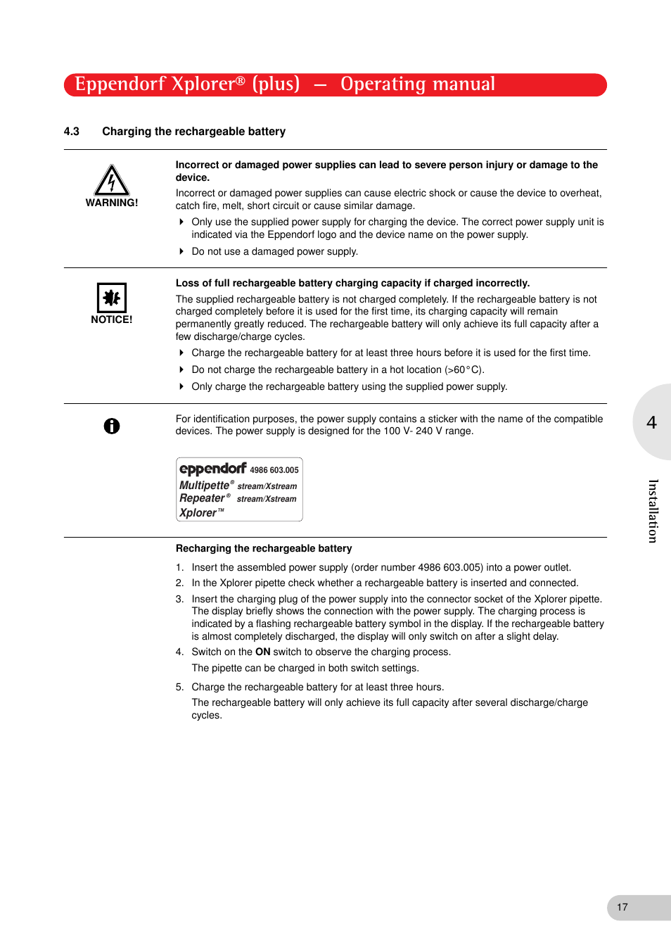 3 charging the rechargeable battery, Charging the rechargeable battery, T be charged (see p. 17) | Eppendorf xplorer® (plus) — operating manual, Installation | Eppendorf XplorerPlus User Manual | Page 17 / 74