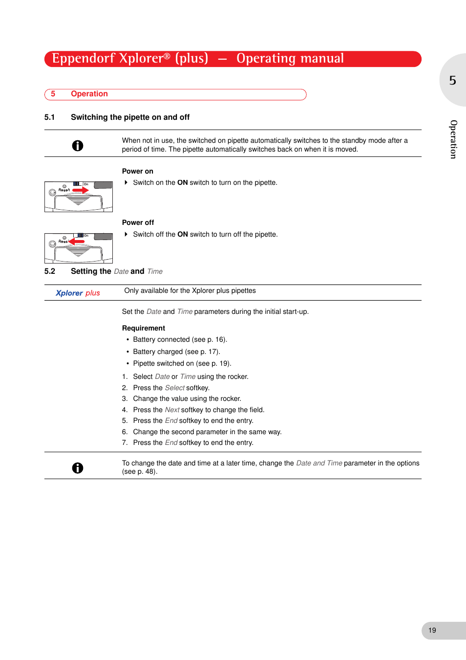 5 operation, 1 switching the pipette on and off, 2 setting the date and time | Operation 5.1, Switching the pipette on and off, Setting the date and time, Eppendorf xplorer® (plus) — operating manual, Operation | Eppendorf XplorerPlus User Manual | Page 19 / 74