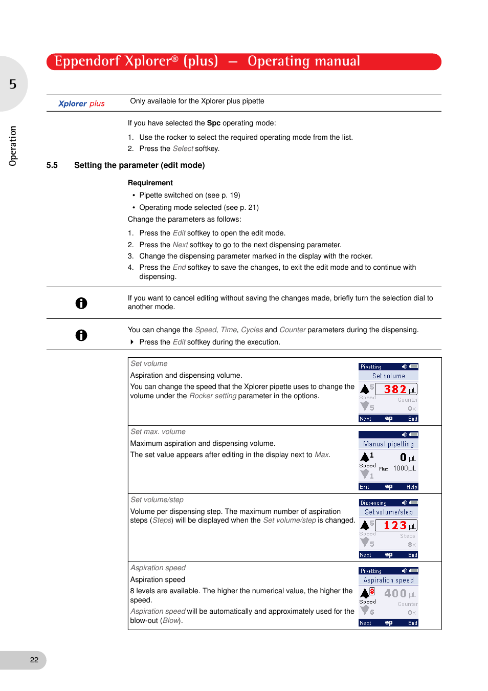 5 setting the parameter (edit mode), Setting the parameter (edit mode), See p. 22) | Eppendorf xplorer® (plus) — operating manual, Operation | Eppendorf XplorerPlus User Manual | Page 22 / 74