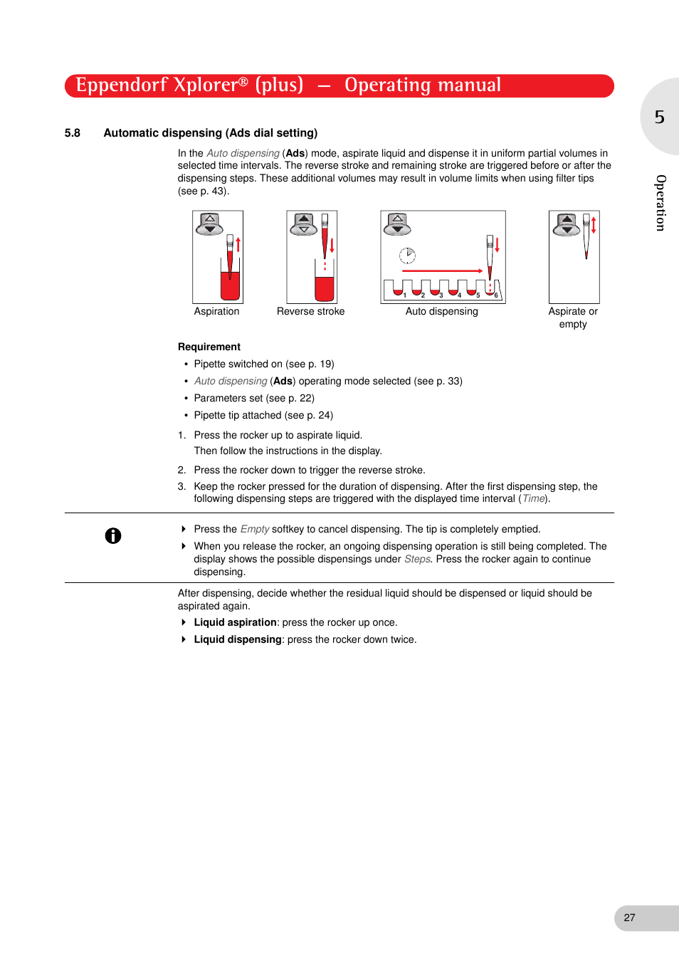 8 automatic dispensing (ads dial setting), Automatic dispensing (ads dial setting), Eppendorf xplorer® (plus) — operating manual | Operation | Eppendorf XplorerPlus User Manual | Page 27 / 74