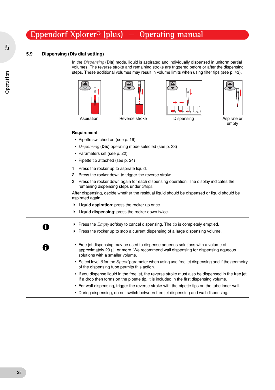 9 dispensing (dis dial setting), Dispensing (dis dial setting), Eppendorf xplorer® (plus) — operating manual | Operation | Eppendorf XplorerPlus User Manual | Page 28 / 74