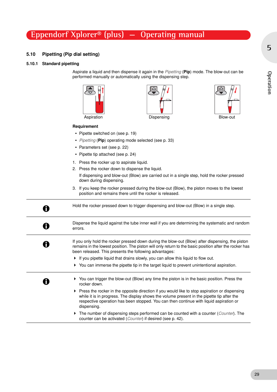 10 pipetting (pip dial setting), 1 standard pipetting, Pipetting (pip dial setting) 5.10.1 | Standard pipetting, Eppendorf xplorer® (plus) — operating manual, Operation | Eppendorf XplorerPlus User Manual | Page 29 / 74