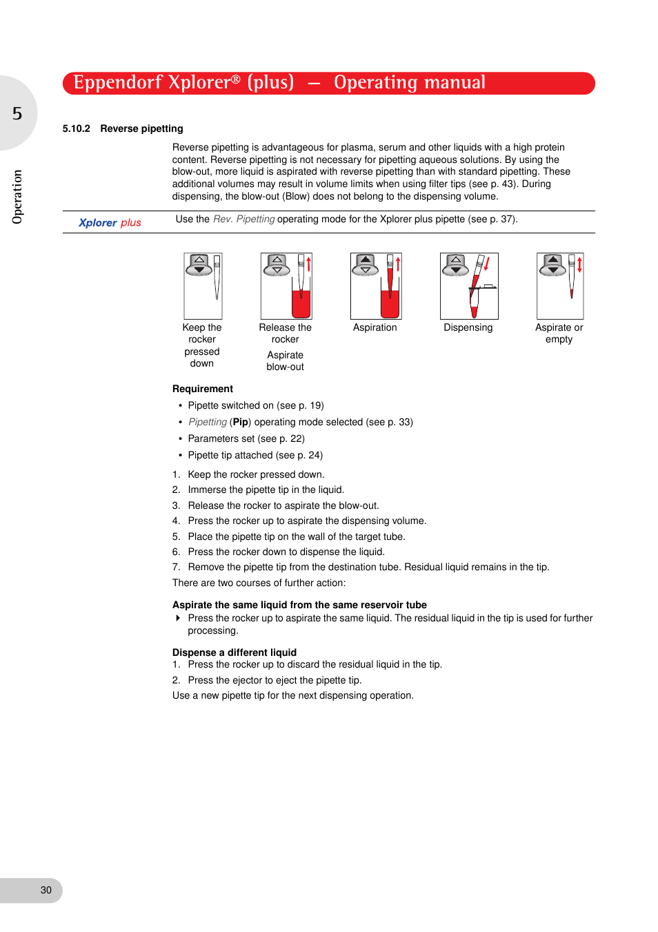 2 reverse pipetting, Reverse pipetting, Eppendorf xplorer® (plus) — operating manual | Eppendorf XplorerPlus User Manual | Page 30 / 74