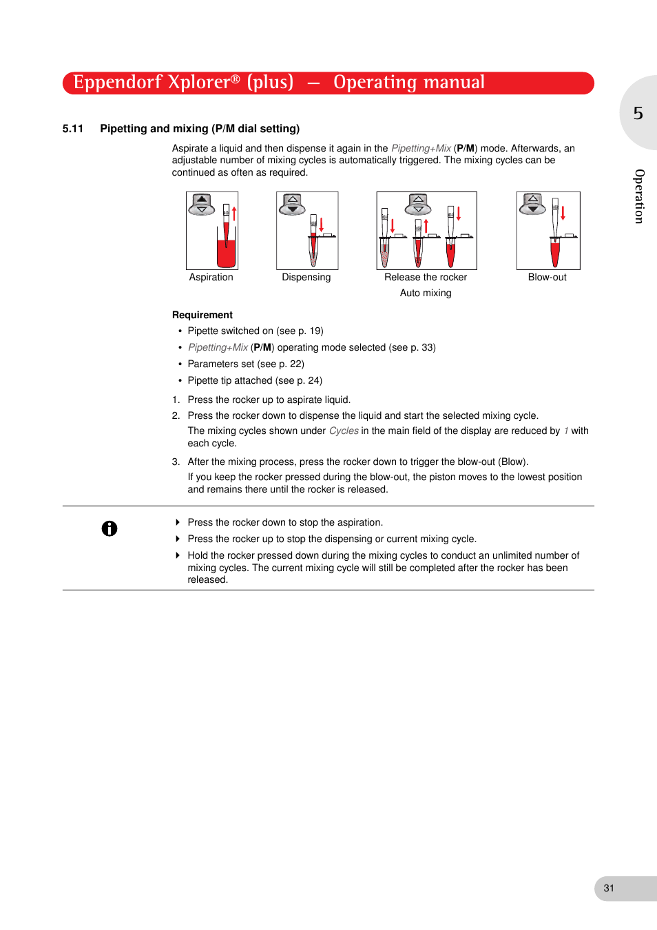 11 pipetting and mixing (p/m dial setting), Pipetting and mixing (p/m dial setting), Eppendorf xplorer® (plus) — operating manual | Operation | Eppendorf XplorerPlus User Manual | Page 31 / 74