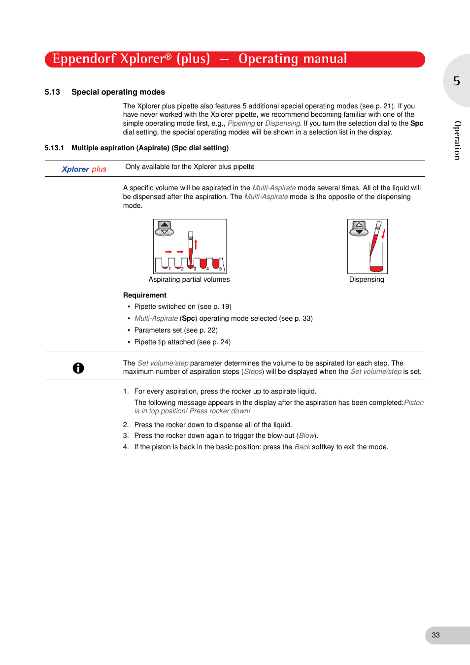 13 special operating modes, Special operating modes 5.13.1, Multiple aspiration (aspirate) (spc dial setting) | Ed (see p. 33), Eppendorf xplorer® (plus) — operating manual, Operation | Eppendorf XplorerPlus User Manual | Page 33 / 74