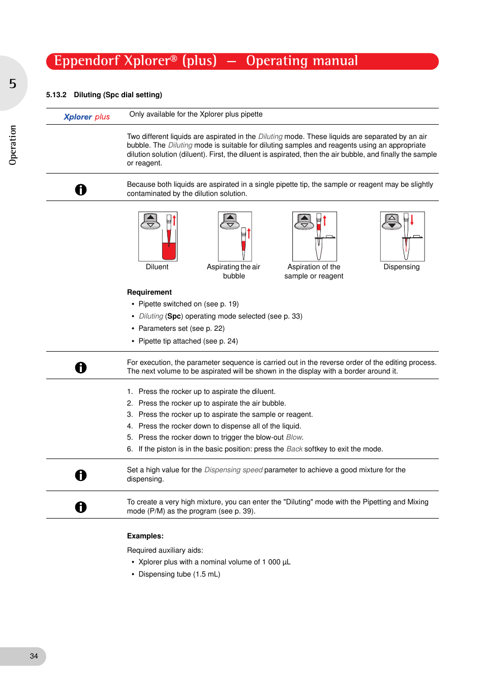 2 diluting (spc dial setting), Diluting (spc dial setting), Eppendorf xplorer® (plus) — operating manual | Operation | Eppendorf XplorerPlus User Manual | Page 34 / 74