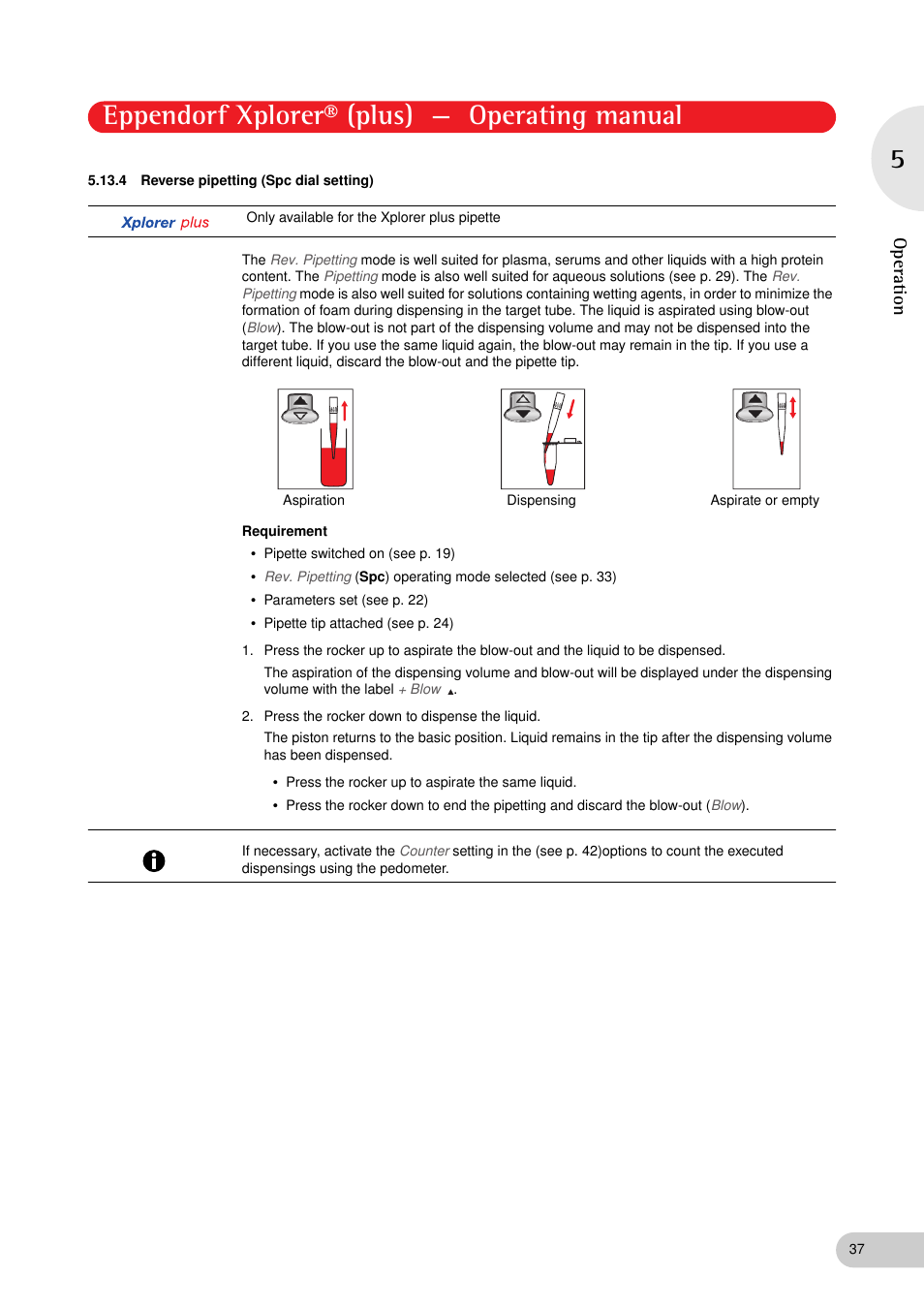 4 reverse pipetting (spc dial setting), Reverse pipetting (spc dial setting), E (see p. 37) | Eppendorf xplorer® (plus) — operating manual, Operation | Eppendorf XplorerPlus User Manual | Page 37 / 74