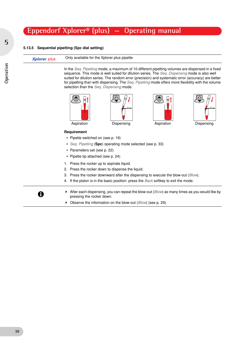 5 sequential pipetting (spc dial setting), Sequential pipetting (spc dial setting), Eppendorf xplorer® (plus) — operating manual | Operation | Eppendorf XplorerPlus User Manual | Page 38 / 74