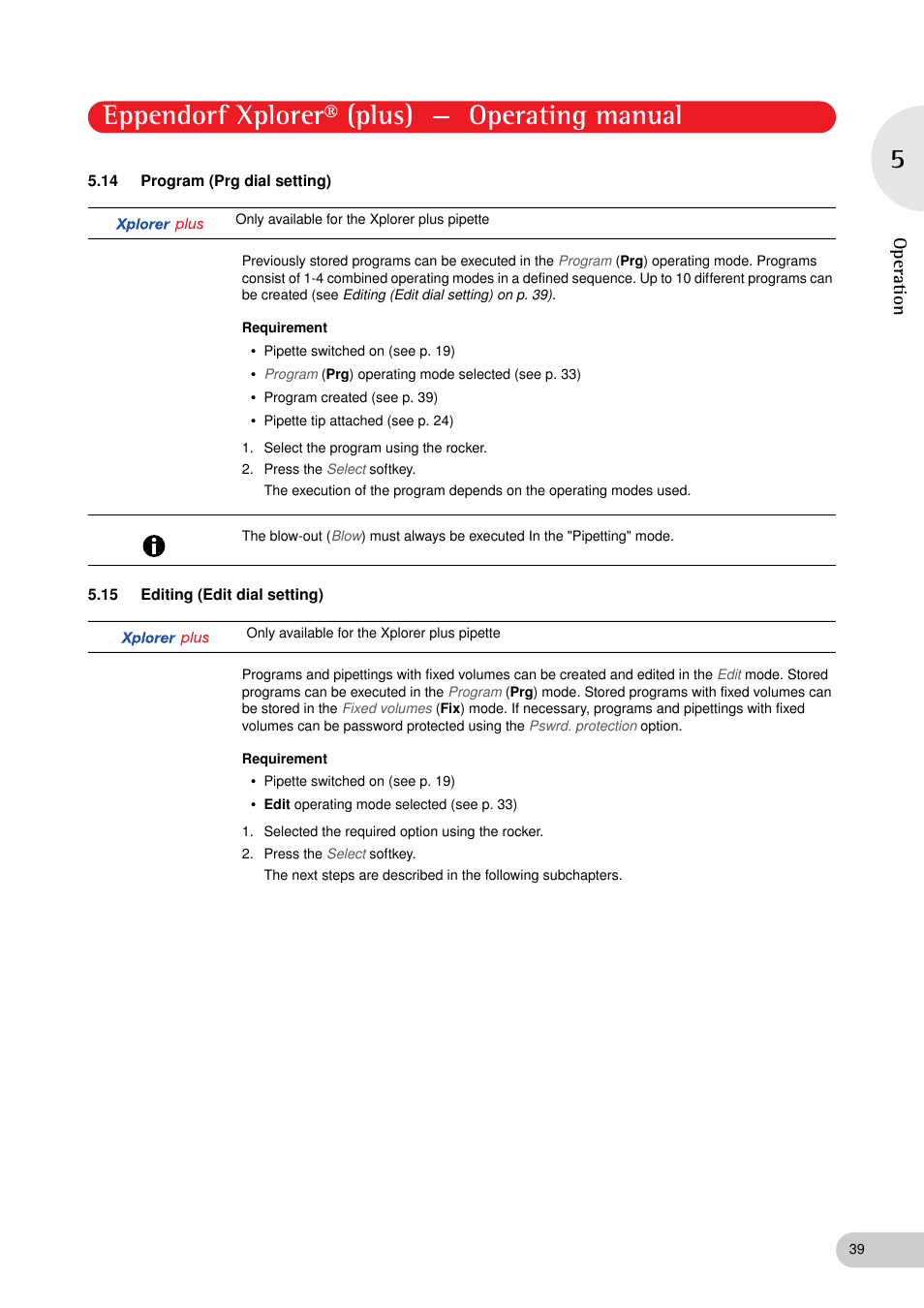 14 program (prg dial setting), 15 editing (edit dial setting), Program (prg dial setting) | Editing (edit dial setting), Am (see p. 39), Eppendorf xplorer® (plus) — operating manual, Operation | Eppendorf XplorerPlus User Manual | Page 39 / 74