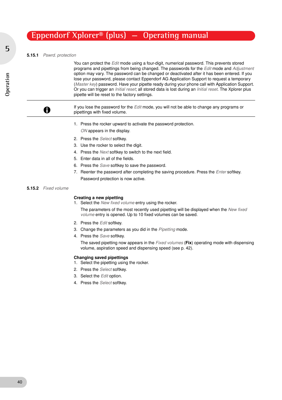 1 pswrd. protection, 2 fixed volume, Pswrd. protection | Fixed volume, Eppendorf xplorer® (plus) — operating manual, Operation | Eppendorf XplorerPlus User Manual | Page 40 / 74