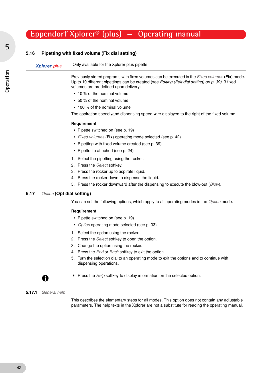 16 pipetting with fixed volume (fix dial setting), 17 option (opt dial setting), 1 general help | Pipetting with fixed volume (fix dial setting), Option (opt dial setting) 5.17.1, General help, He options (see p. 42), Ed (see p. 42), He (see p. 42)options t, Eppendorf xplorer® (plus) — operating manual | Eppendorf XplorerPlus User Manual | Page 42 / 74