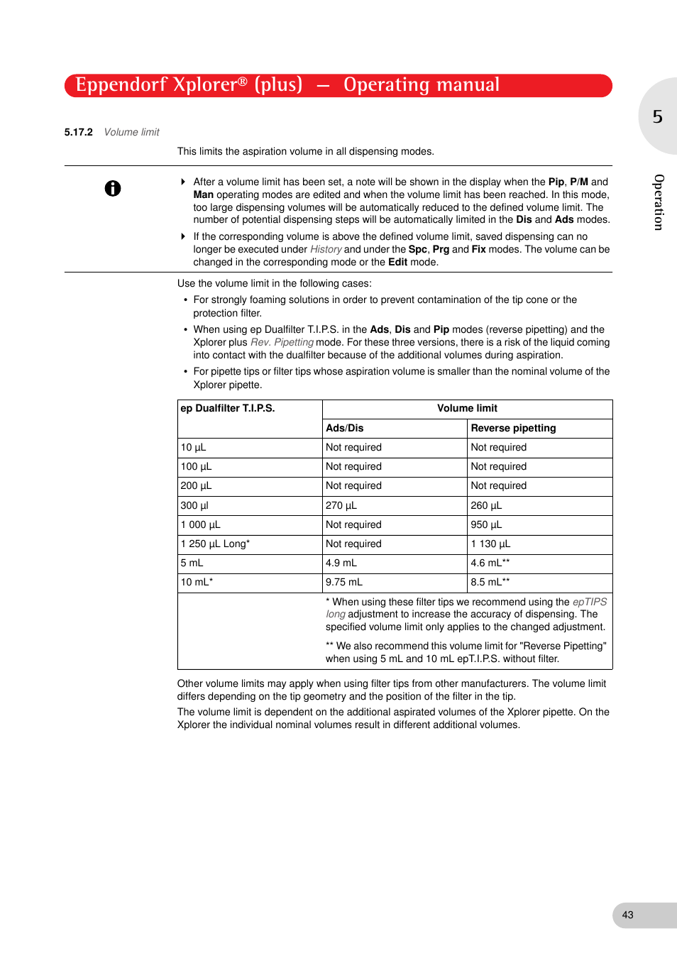 2 volume limit, Volume limit, See p. 43) | Er tips (see p. 43), Er tips (see p. 43). during, Eppendorf xplorer® (plus) — operating manual, Operation | Eppendorf XplorerPlus User Manual | Page 43 / 74