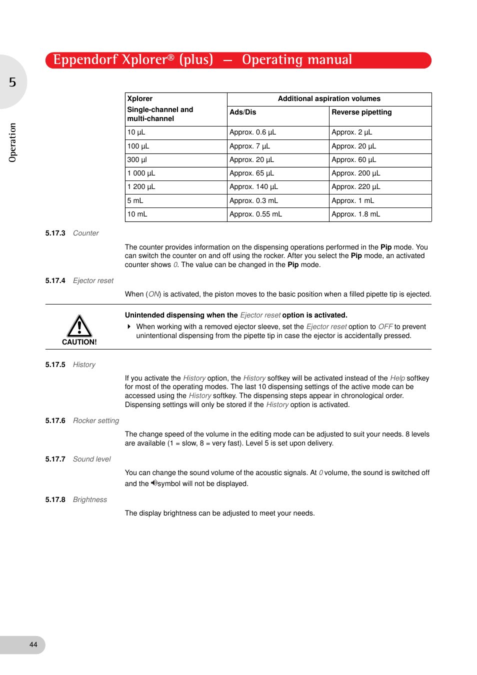 3 counter, 4 ejector reset, 5 history | 6 rocker setting, 7 sound level, 8 brightness, Counter, Ejector reset, History, Rocker setting | Eppendorf XplorerPlus User Manual | Page 44 / 74