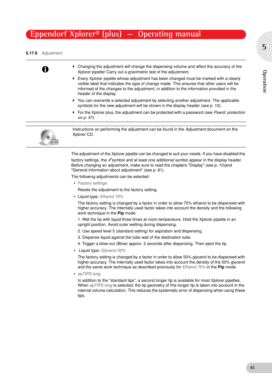 9 adjustment, Adjustment, Eppendorf xplorer® (plus) — operating manual | Operation | Eppendorf XplorerPlus User Manual | Page 45 / 74