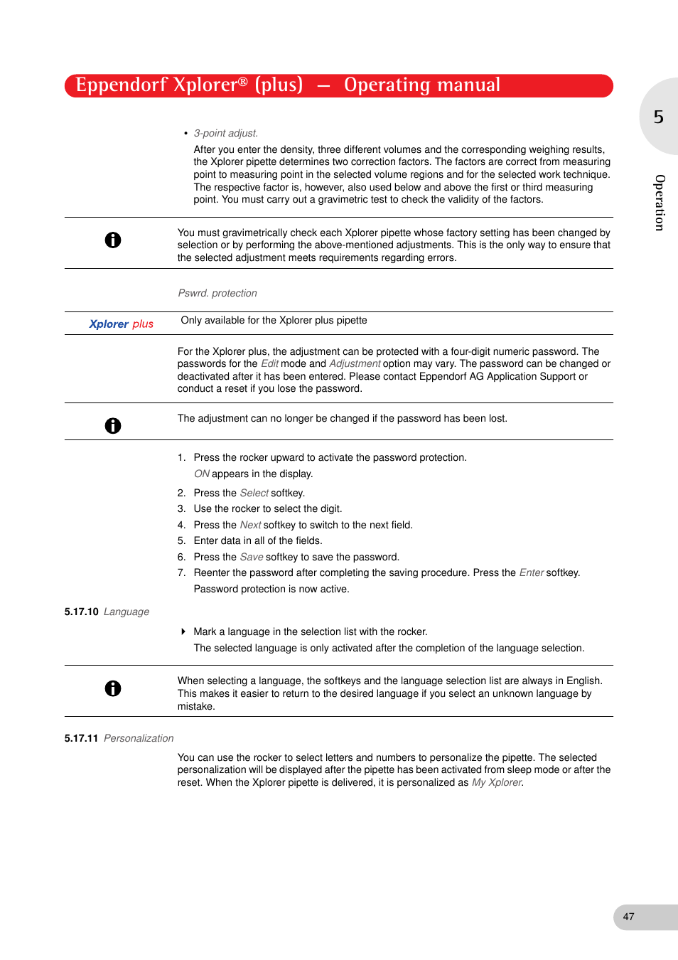 10 language, 11 personalization, 10 language 5.17.11 personalization | Ord (see pswrd. protection on p. 47), Eppendorf xplorer® (plus) — operating manual, Operation | Eppendorf XplorerPlus User Manual | Page 47 / 74