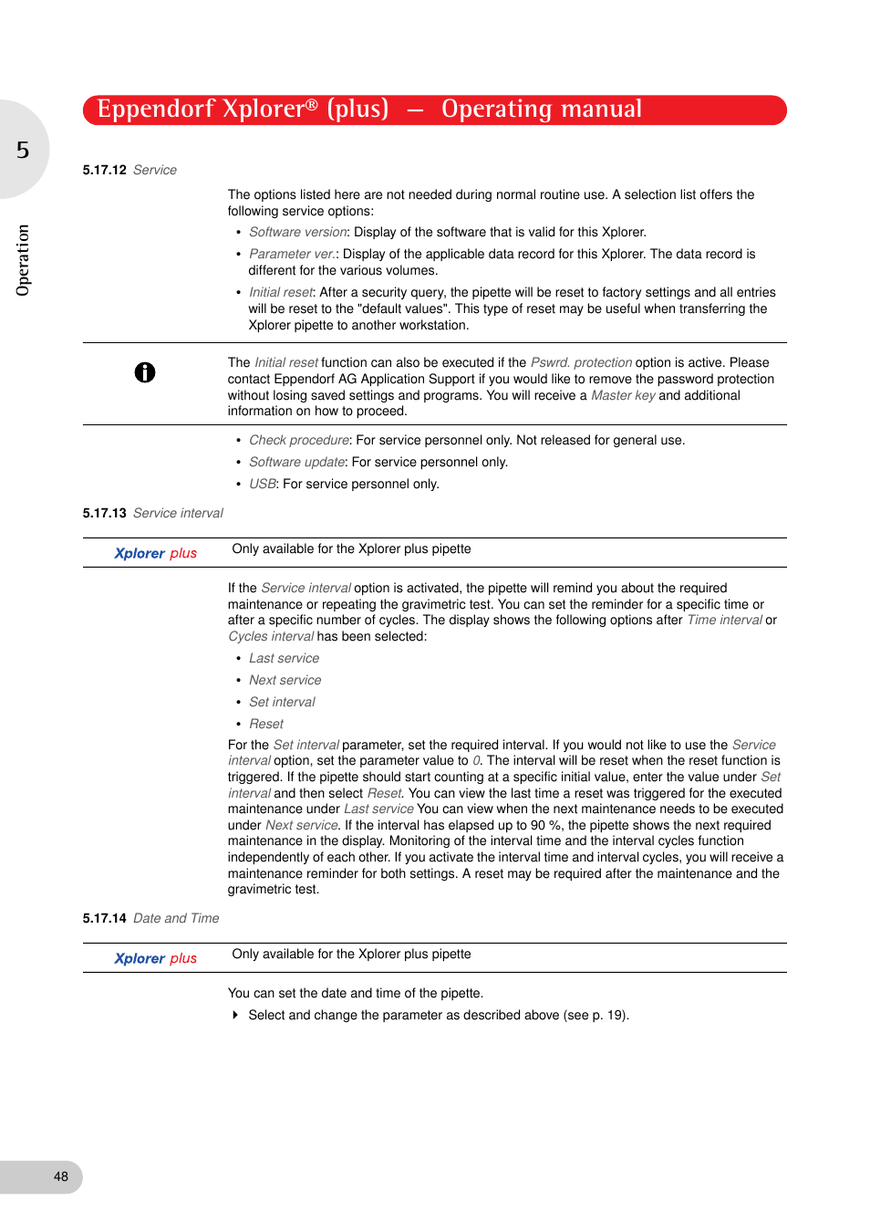 12 service, 13 service interval, 14 date and time | See p. 48), Eppendorf xplorer® (plus) — operating manual, Operation | Eppendorf XplorerPlus User Manual | Page 48 / 74