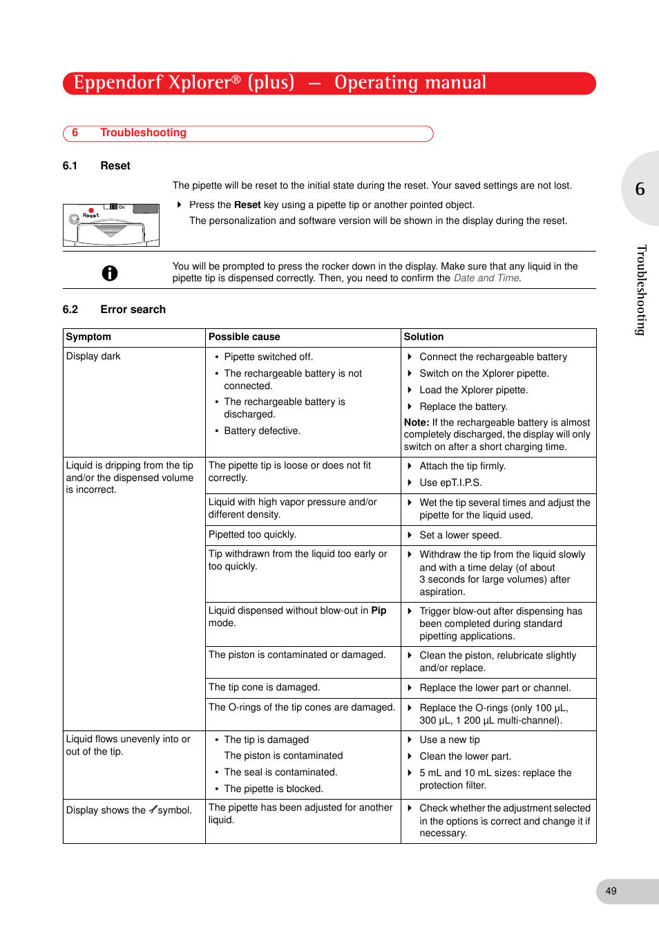 6 troubleshooting, 1 reset, 2 error search | Troubleshooting 6.1, Reset, Error search, Eppendorf xplorer® (plus) — operating manual, Troubleshooting | Eppendorf XplorerPlus User Manual | Page 49 / 74