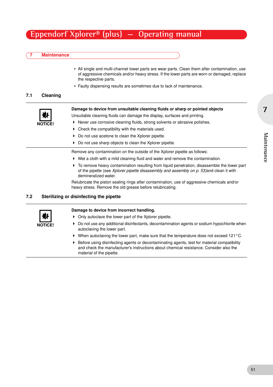 7 maintenance, 1 cleaning, 2 sterilizing or disinfecting the pipette | Maintenance 7.1, Cleaning, Sterilizing or disinfecting the pipette, Eppendorf xplorer® (plus) — operating manual, Maintenance | Eppendorf XplorerPlus User Manual | Page 51 / 74